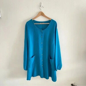 FLAX Women’s Linen Long Jacket Duster  Pockets Button Down Blue Size 3G